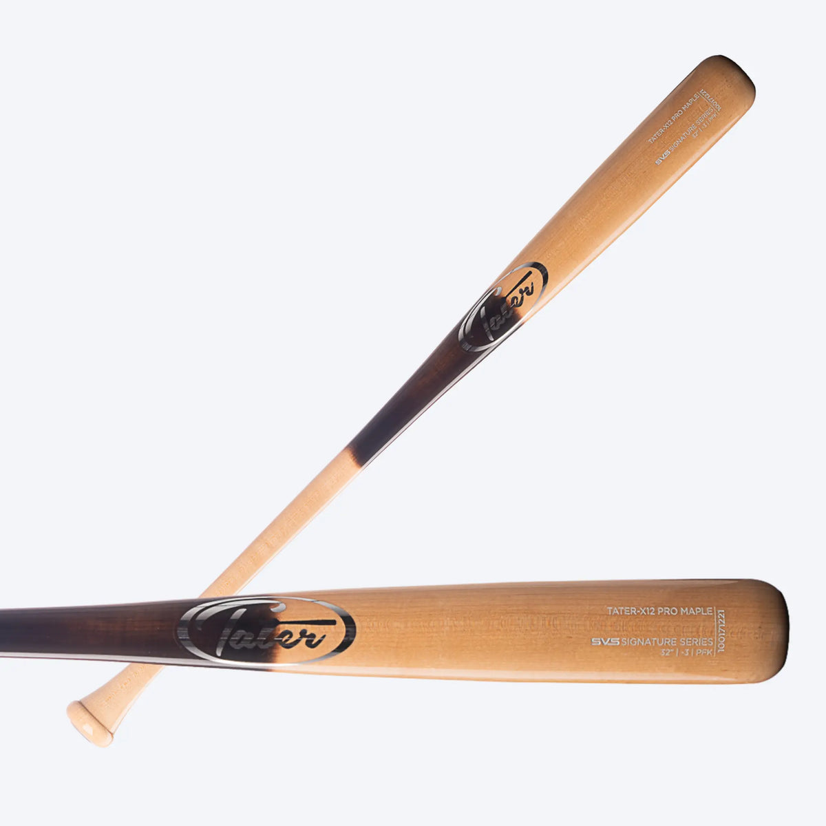A high-quality wooden baseball bat with a dark brown pine tar grip, showcasing the Tater Baseball logo near the handle.This image features two Tater X12 Pro Maple baseball bats in a crossed position against a clear background. The top bat is displayed with the handle towards us, showing off the smooth pine tar finish, while the bottom bat presents the barrel with the brand&#39;s logo clearly visible, suggesting a bat well-suited for high school players due to its balance and craftsmanship.
