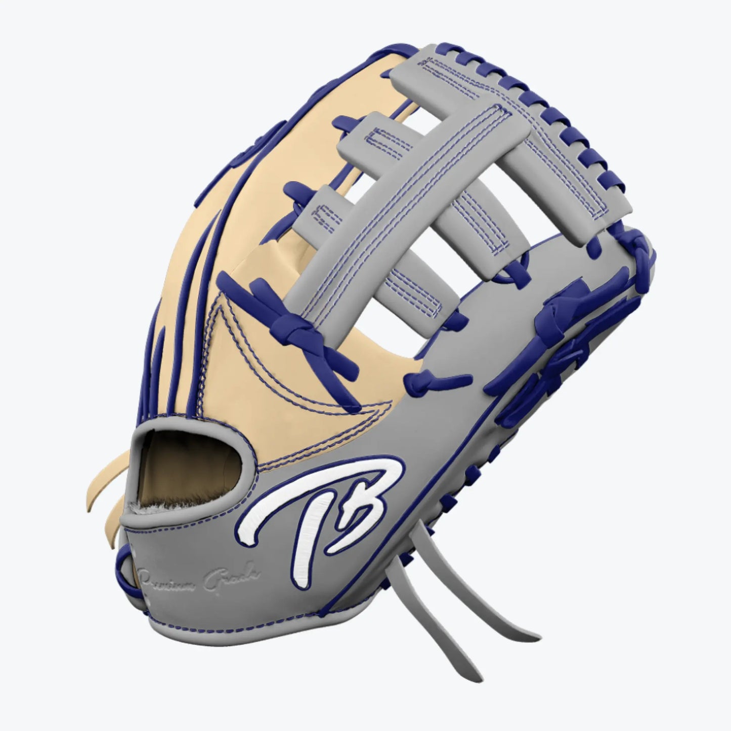 Custom double post outfield baseball glove by Tater in cream and navy blue, featuring a prominent TB logo, designed for superior fielding performance and durability, side view.