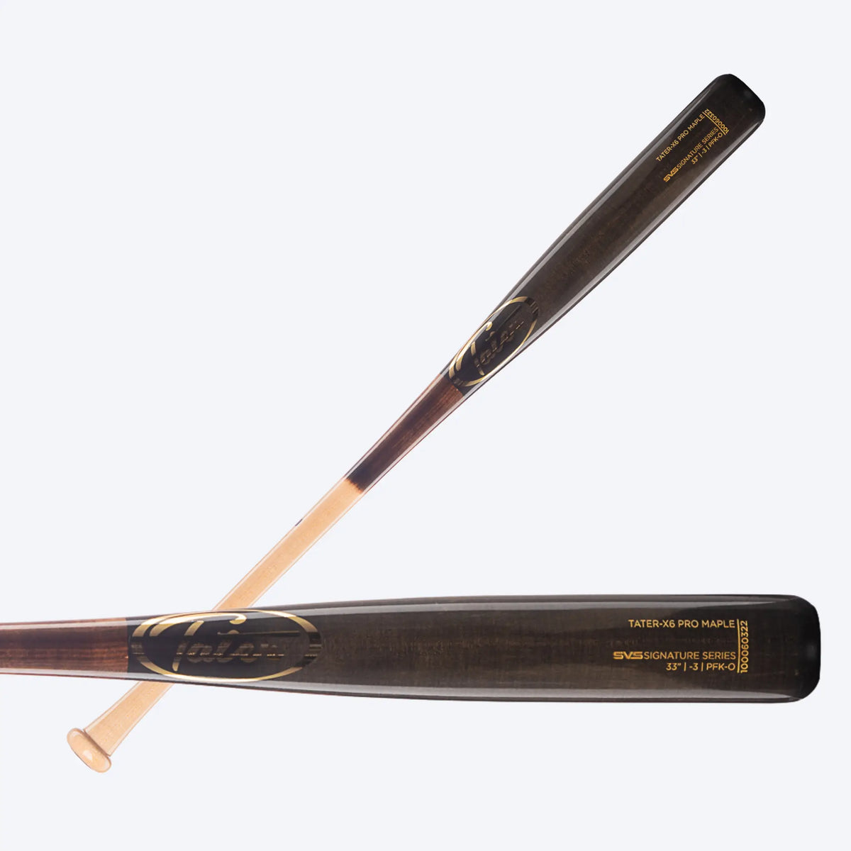 Elegant Tater-X6 Pro Maple slight end-loaded wood bat, 32-33 inch drop 3, from the SVS Signature Series, positioned against a white background – a premium alternative to Marucci AP5.