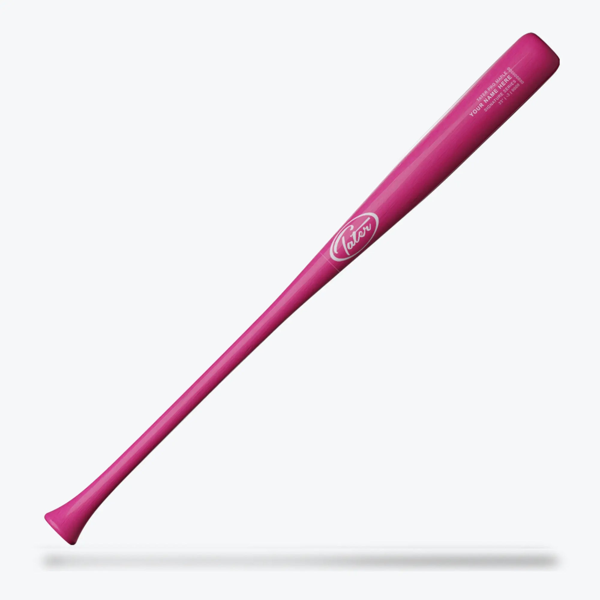 Here's the Tater Baseball U238 custom wood bat, painted in a bold, uniform magenta. The bat features a knobless end, a slight end-load design, and comes in lengths of 31, 32, or 33 inches with a drop-3 weight. It's tailored for hitters who prefer a distinctive look without sacrificing performance.