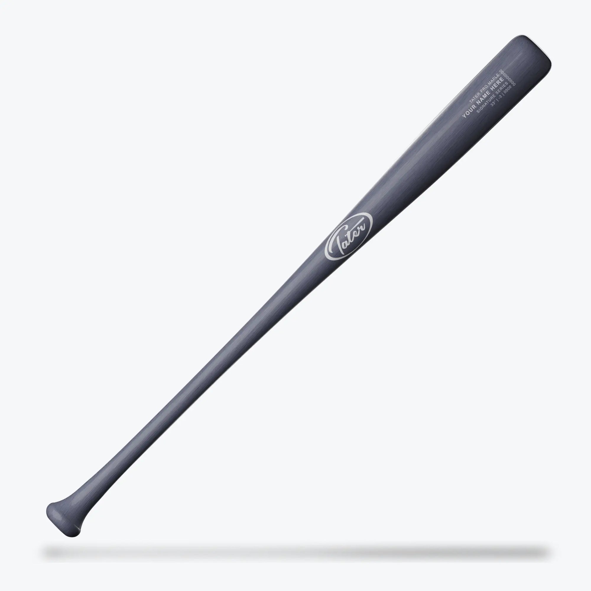 The image shows the Tater X4 custom wood bat, finished in a sleek matte grey, perfect for contact hitters. At 31, 32, or 33 inches with a minus drop-3 weight, it offers a balanced feel designed to enhance control and precision at the plate.