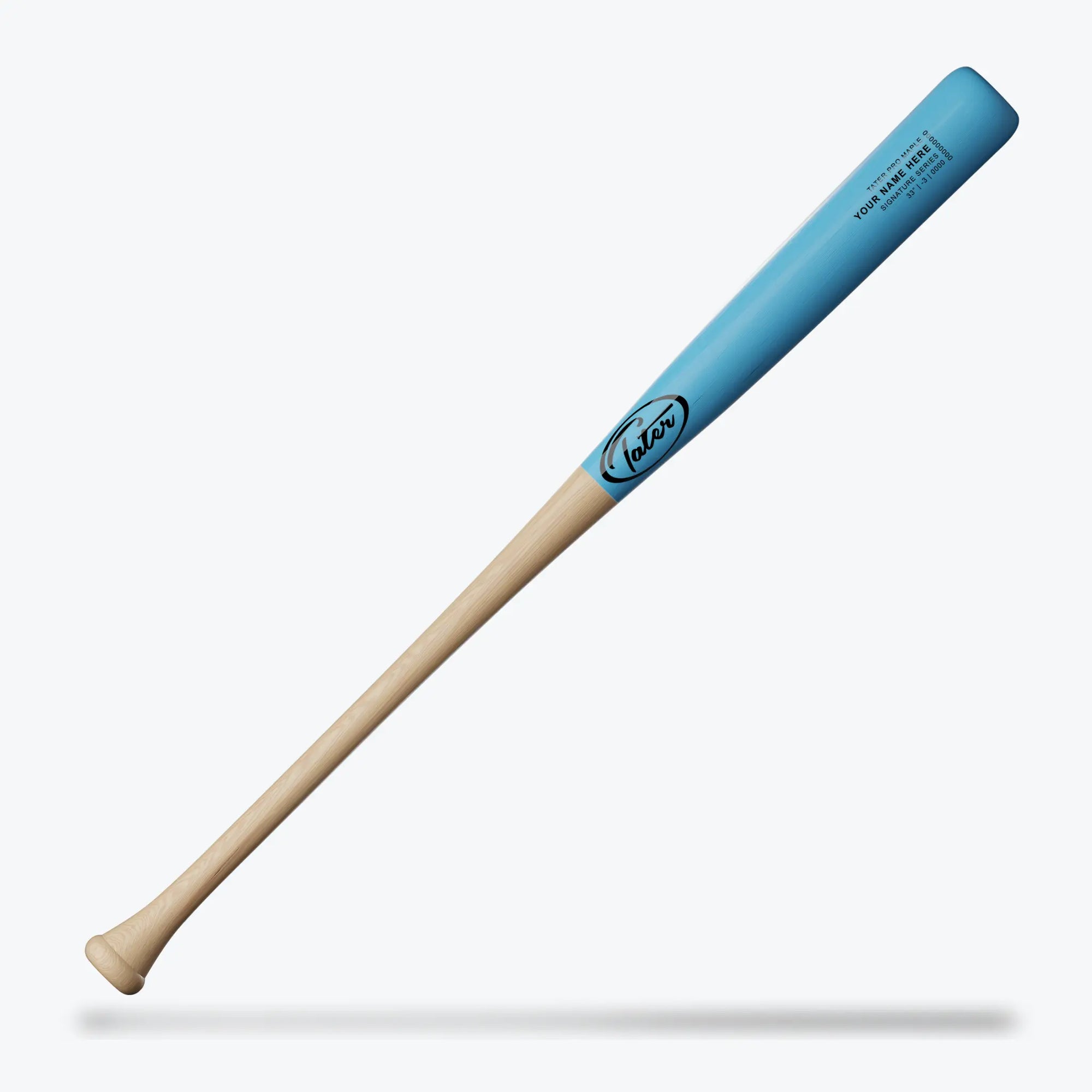The Tater ZX maple wood bat shown here catches the eye with its baby blue barrel, fading into a natural wood handle. It's slightly end-loaded, offering a little extra weight at the bat's end for more power. The bat is tailored for those who prefer a unique touch to their gear without compromising on quality swings.