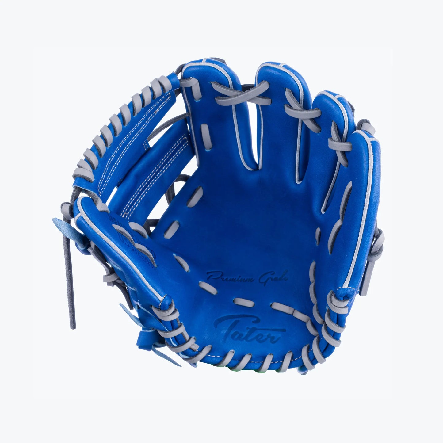 Premium royal blue infield baseball glove by Tater Baseball, 9.5-inch size, featuring durable grey lacing and deep pocket design for enhanced ball control and secure catch, side inside view highlighting the 'Tater' and 'Premium Grade' embossed logos.