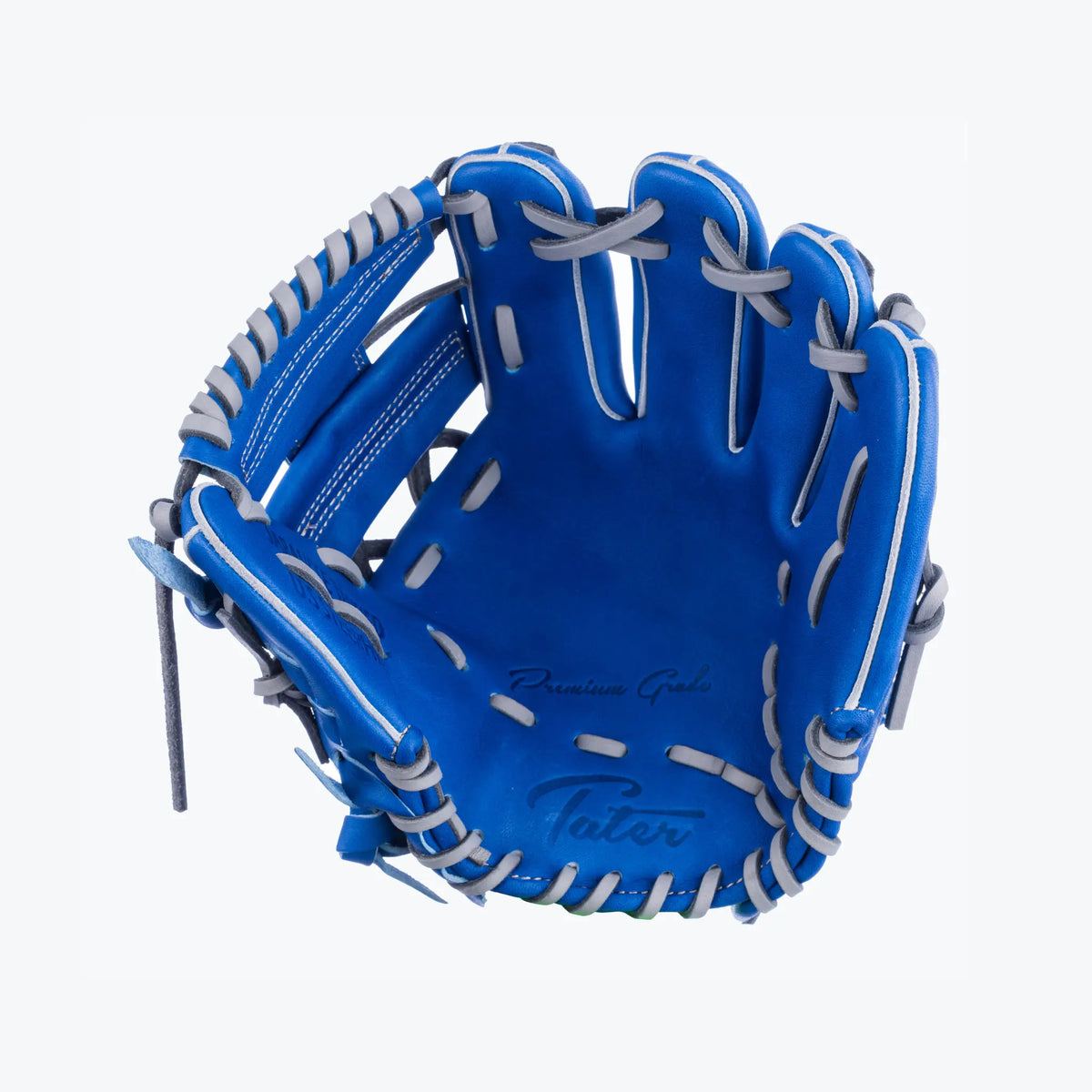 Premium royal blue infield baseball glove by Tater Baseball, 9.5-inch size, featuring durable grey lacing and deep pocket design for enhanced ball control and secure catch, side inside view highlighting the &#39;Tater&#39; and &#39;Premium Grade&#39; embossed logos.