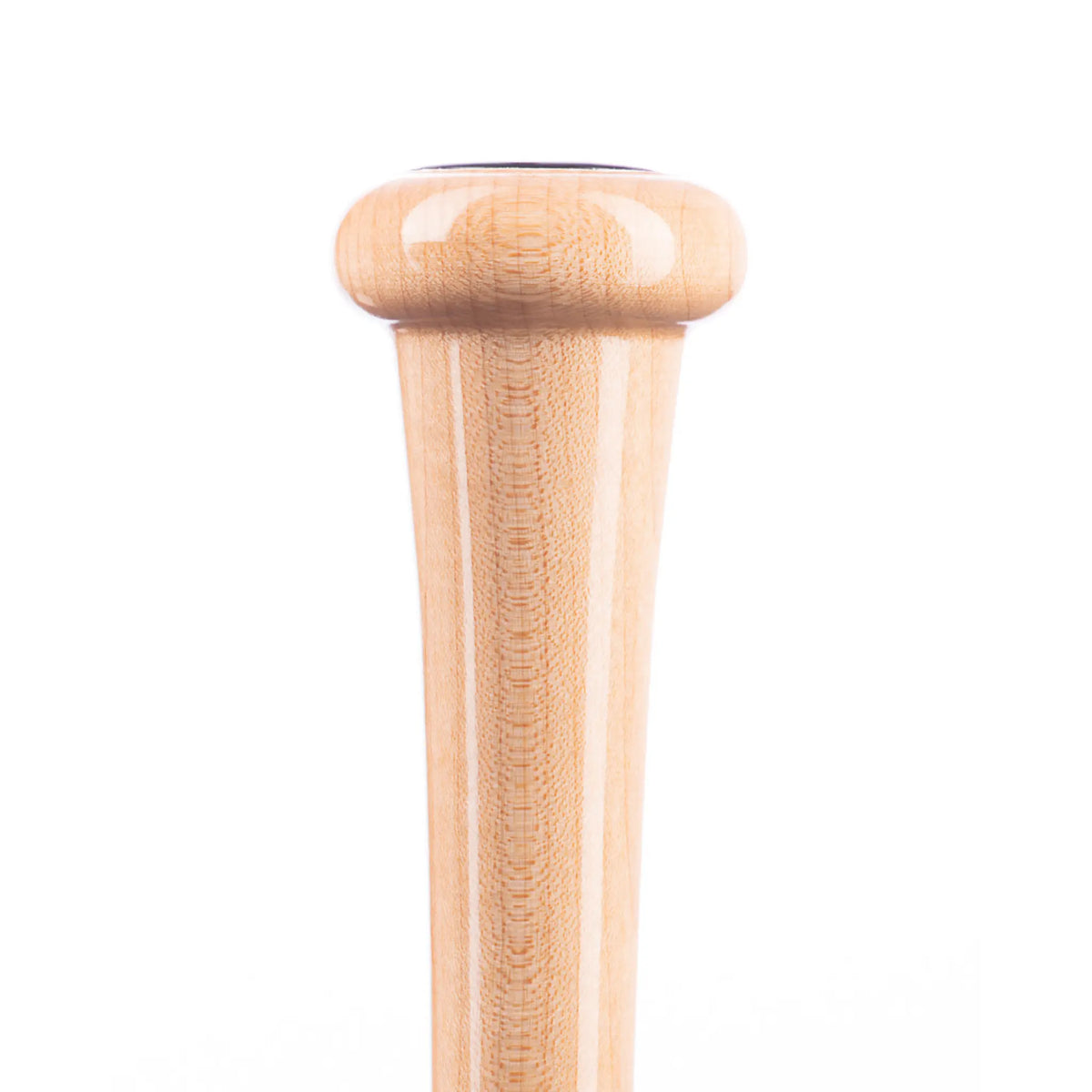 Detailed view of the best traditional knob on a maple wooden baseball bat, perfect for college level players.