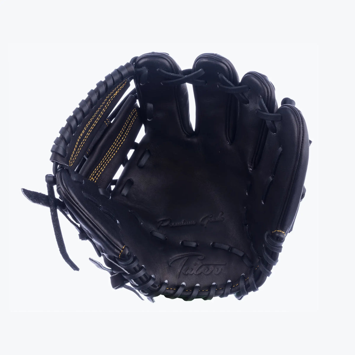 Explore the intricate design of Tater Baseball&#39;s black infield training glove, featuring a 9-inch size for focused fielding practice. The glove showcases detailed craftsmanship with gold stitch accents, providing an exceptional look and feel for advanced infield drills.
