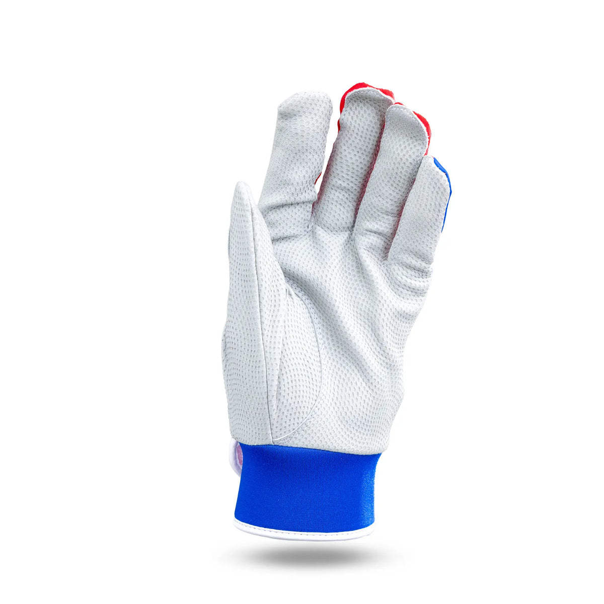 Palm view of Tater Baseball&#39;s high-performance batting gloves, featuring durable white mesh for breathability, with red stitched accents and a blue neoprene wrist cuff for secure fit and comfort, against a clean white background.