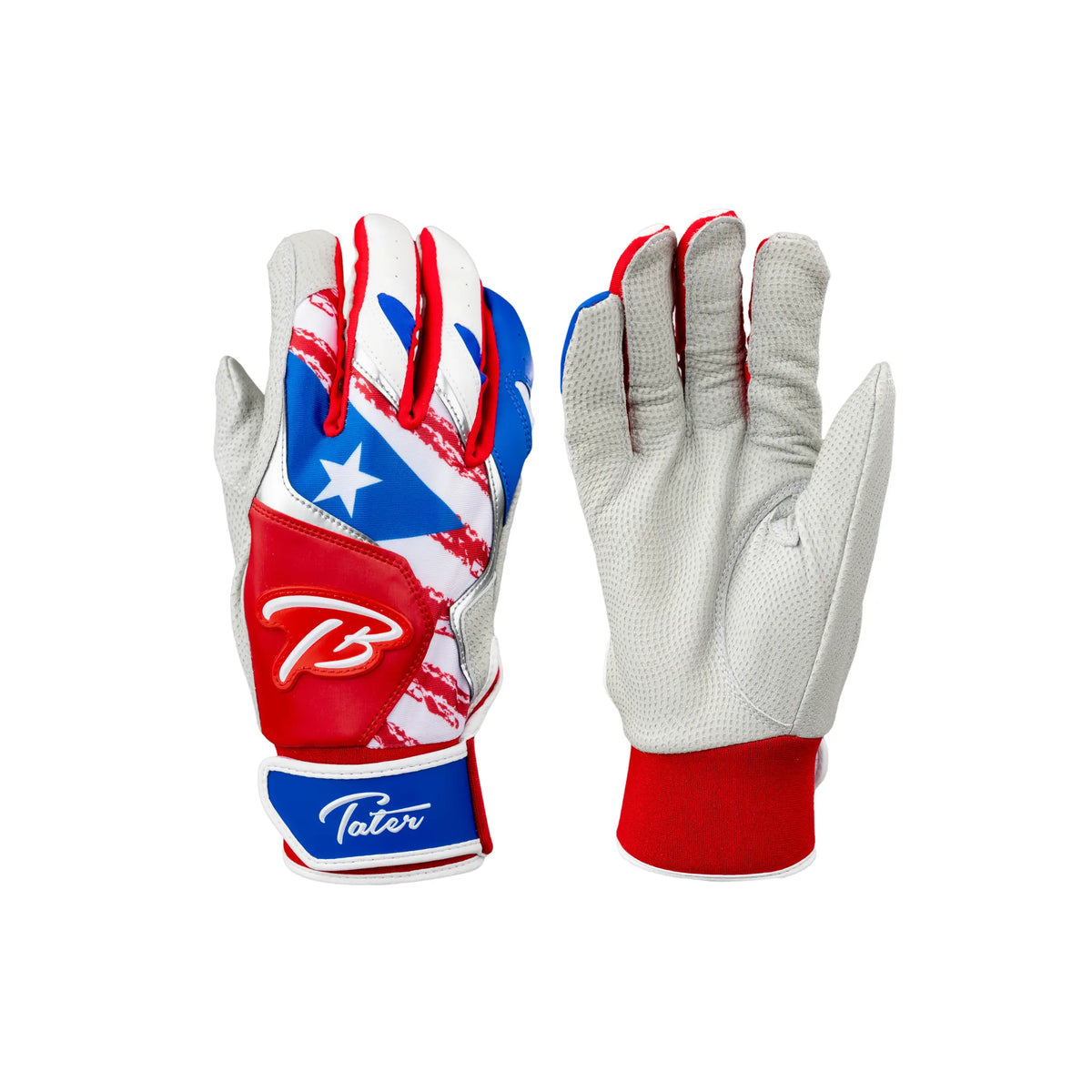 Adult-sized Tater baseball batting gloves designed with the Puerto Rican flag motif, featuring the striking red, white, and blue color scheme with a single star and the signature &#39;TB&#39; logo for a bold, patriotic statement.