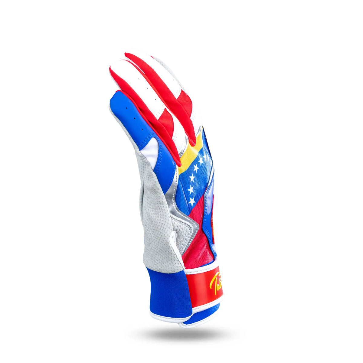 Side view of Tater Baseball batting gloves with a patriotic Venezuelan flag design, featuring a blend of red, yellow, and blue colors with white stars, and the Tater logo prominently displayed on the wrist strap, against a white background for a clean presentation.