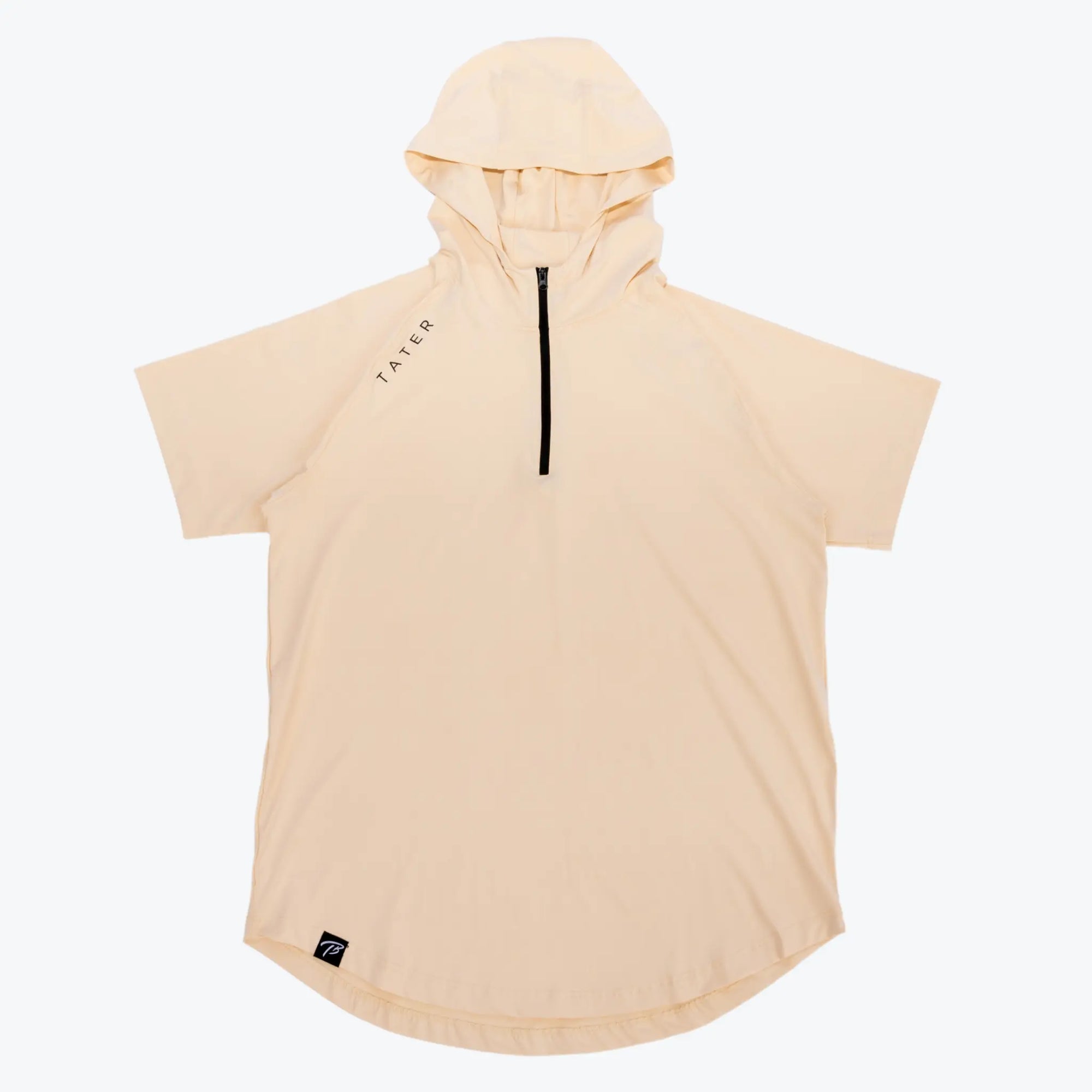 Picture of a short sleeve quarter zip baseball batting practice hoodie that has mosture wicking fabric and is tan color. The hoodie is placed on a white backdrop.