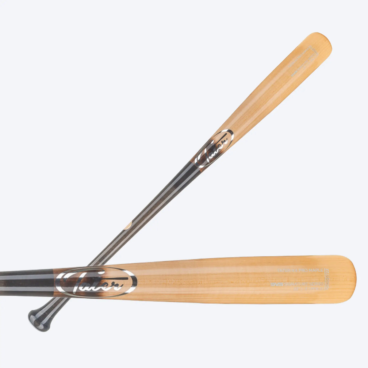 A composite image displaying two Tater X4 Pro Maple bats in different orientations, one with a dark barrel and the other showcasing the natural wood finish. The bats are designed for a balanced feel, making them a solid choice for hitters seeking a quality Louisville Slugger alternative.